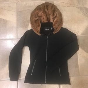 Marmot coat with faux fur hood